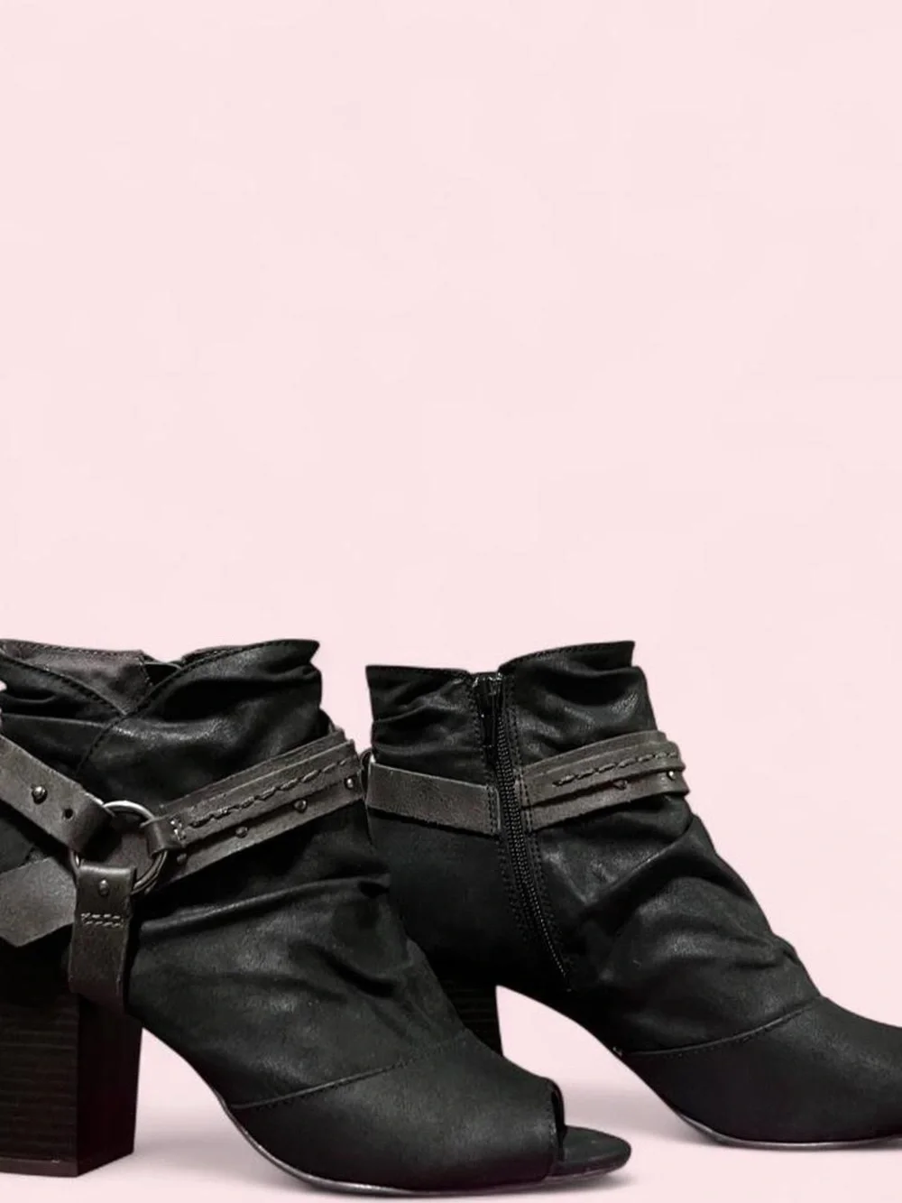 8.5 Womens Black Peep-Toe Ankle Booties with Strap Detail